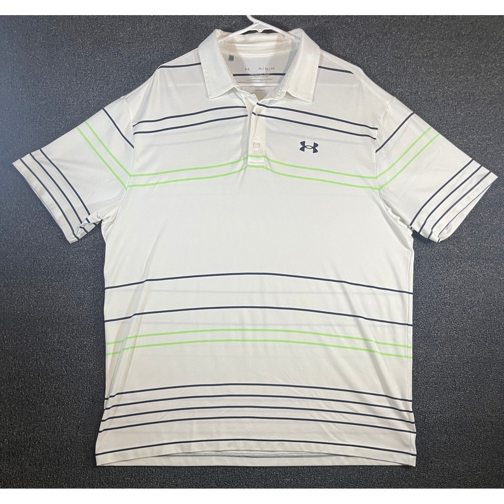 Under Armour Mens XL The Playoff Polo White Navy Lime Green Striped HeatGear
